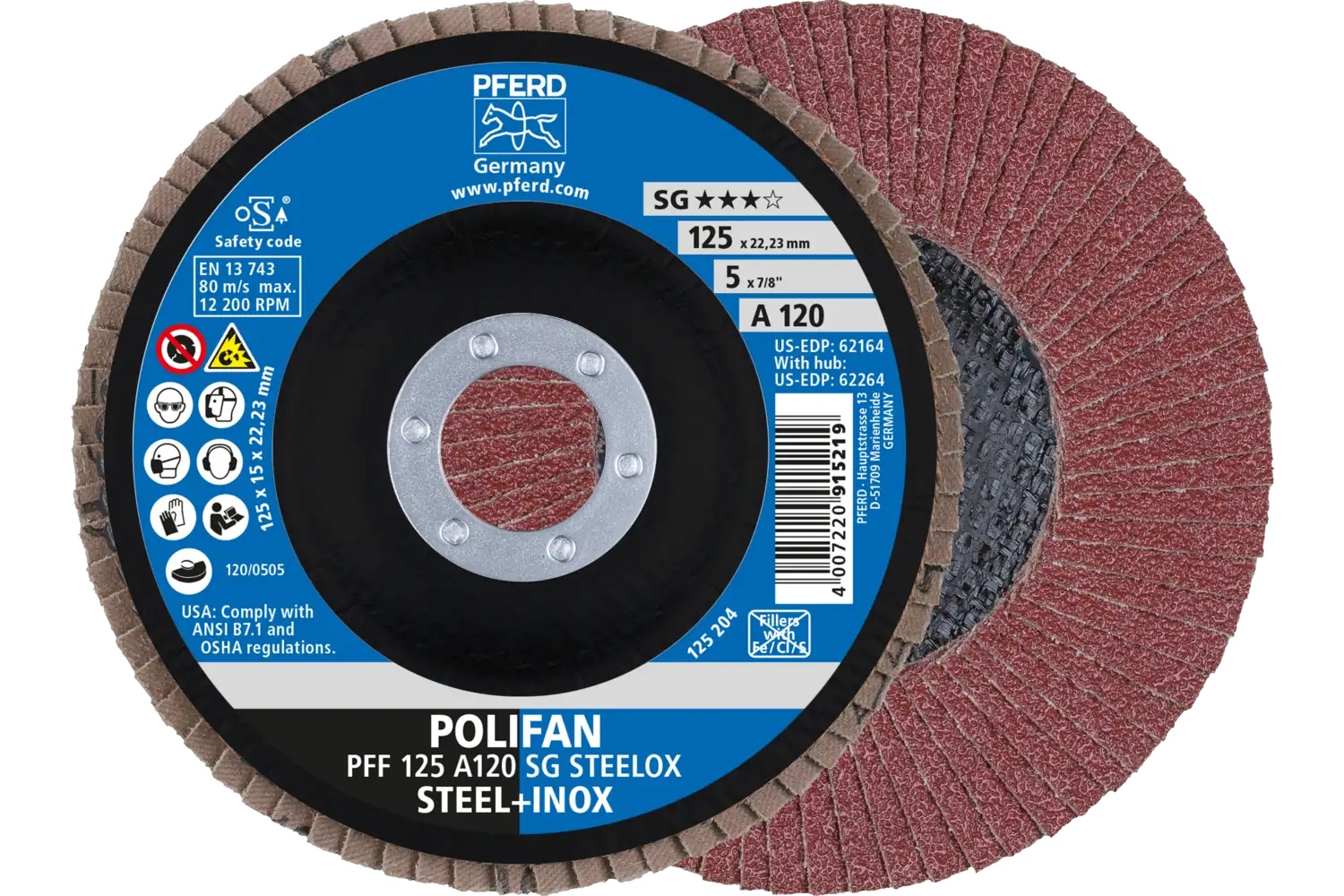 Picture of Pferd Flap Disc, 5" x 7/8, A SG Steelox, 120 Grit, T27, Flat, Aluminum oxide